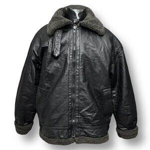 Wilda Black Leather Bomber Jacket with Dark Gray Shearling